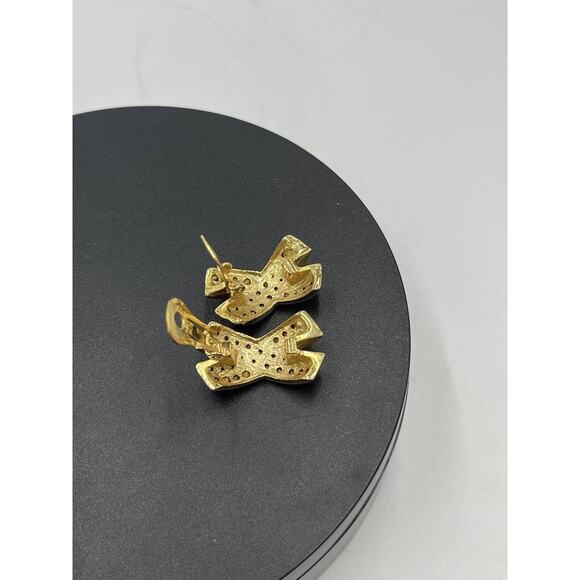 Vintage Estate Rhinestone Encrusted Pave Gold Tone X Shaped Clip On Earrings - Picture 5 of 10